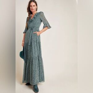Gal Meets Glam Roberta Ruffled Maxi Dress in Green Size 2P